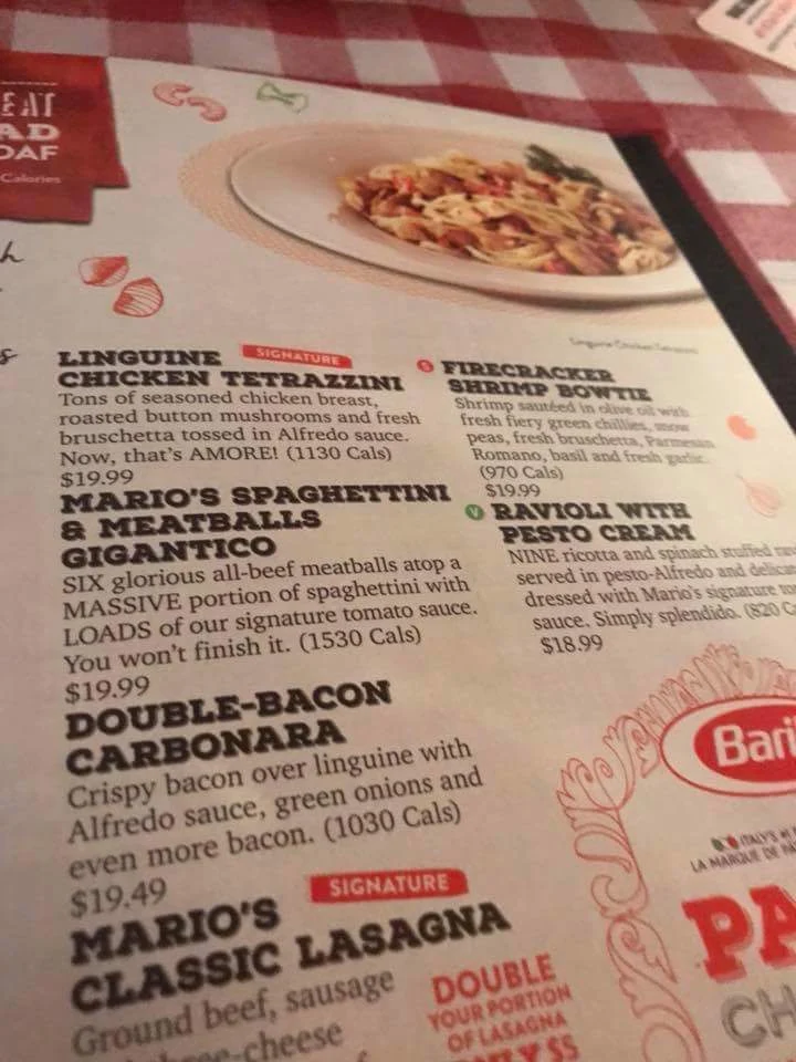 Menu, East Side Mario's