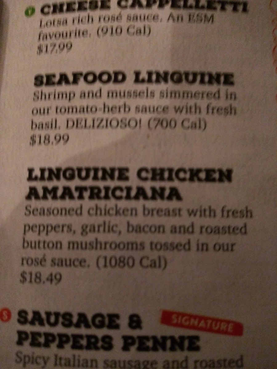 Menu, East Side Mario's