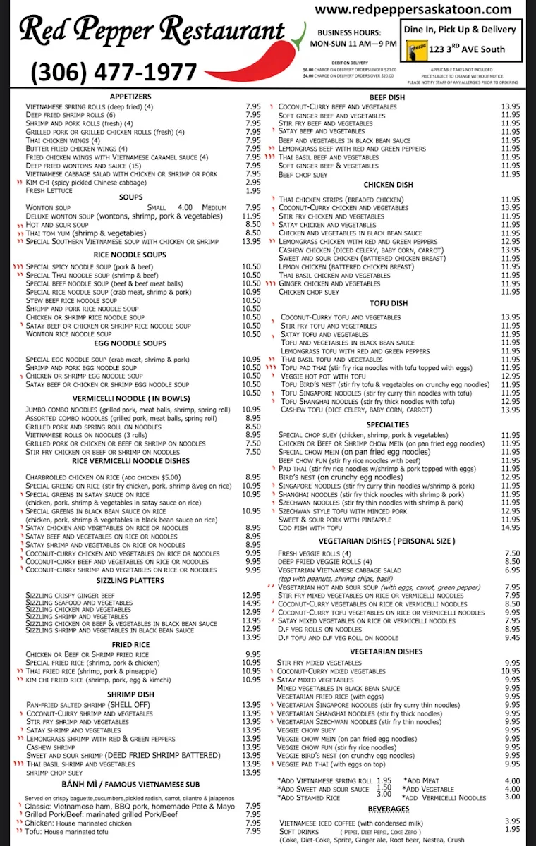 Menu, Red Pepper Restaurant
