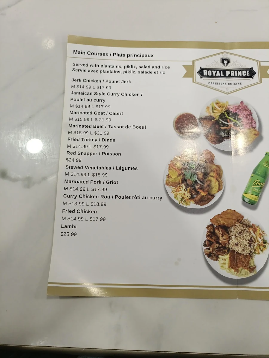 Menu, Royal Prince Restaurant