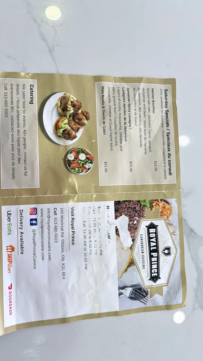 Menu, Royal Prince Restaurant