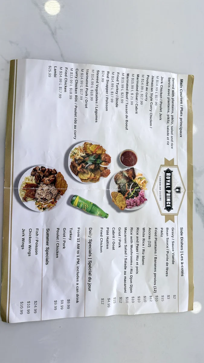 Menu, Royal Prince Restaurant