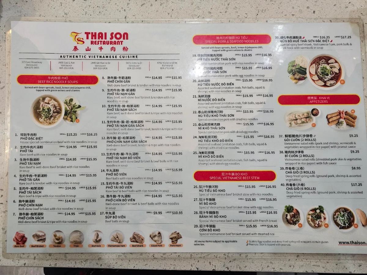 Menu, Thai Son