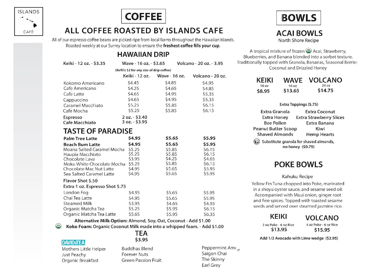 Menu, Islands Café