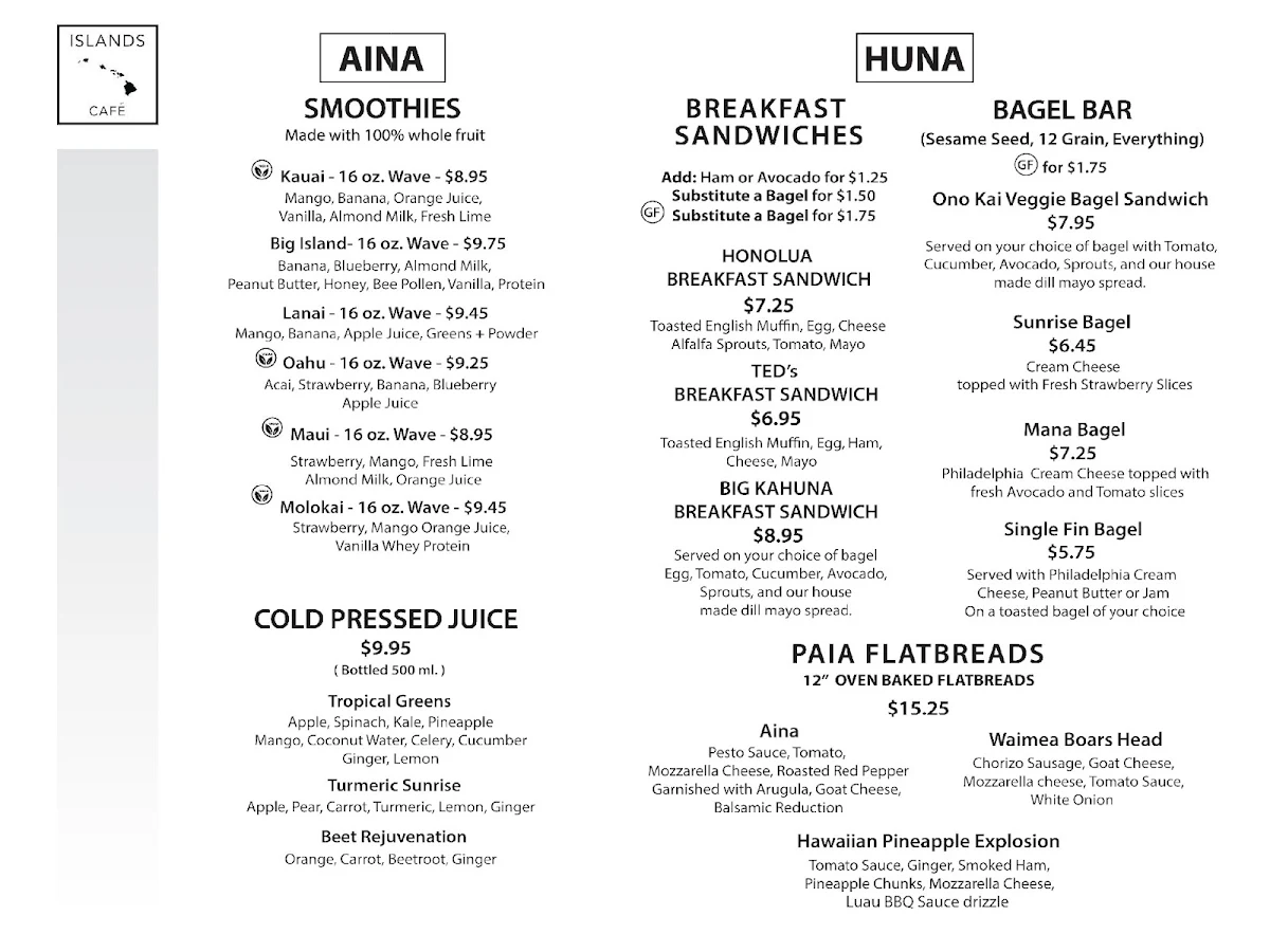 Menu, Islands Café