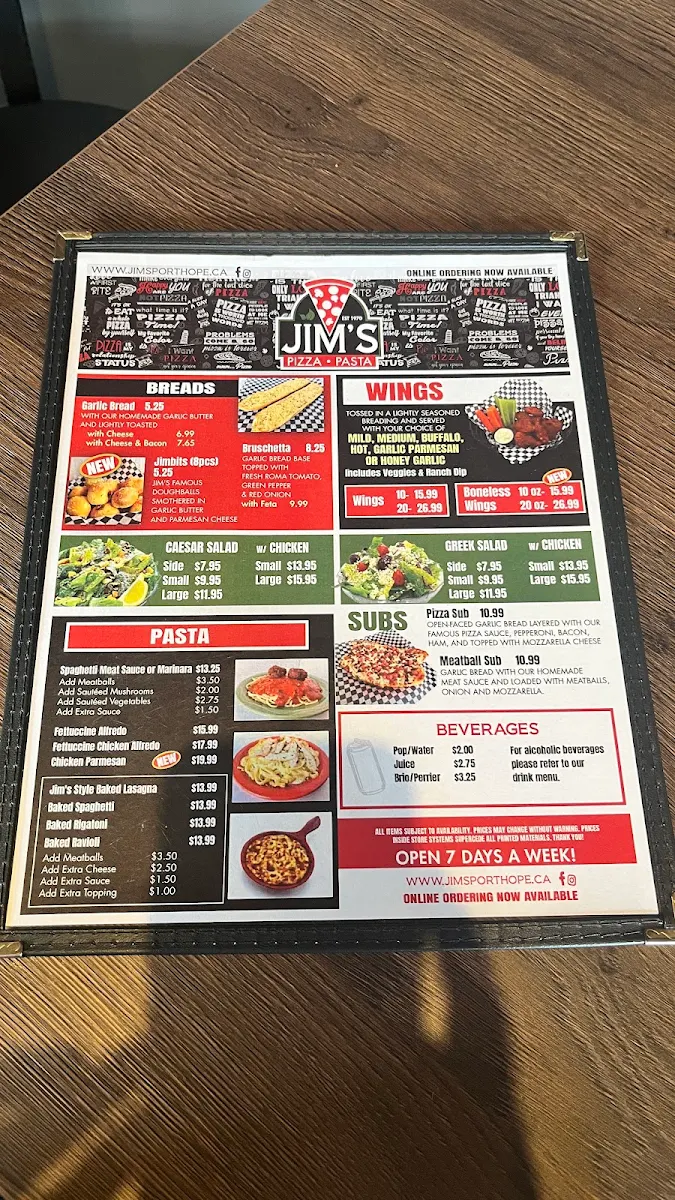 Menu, Jim's Pizza & Pasta