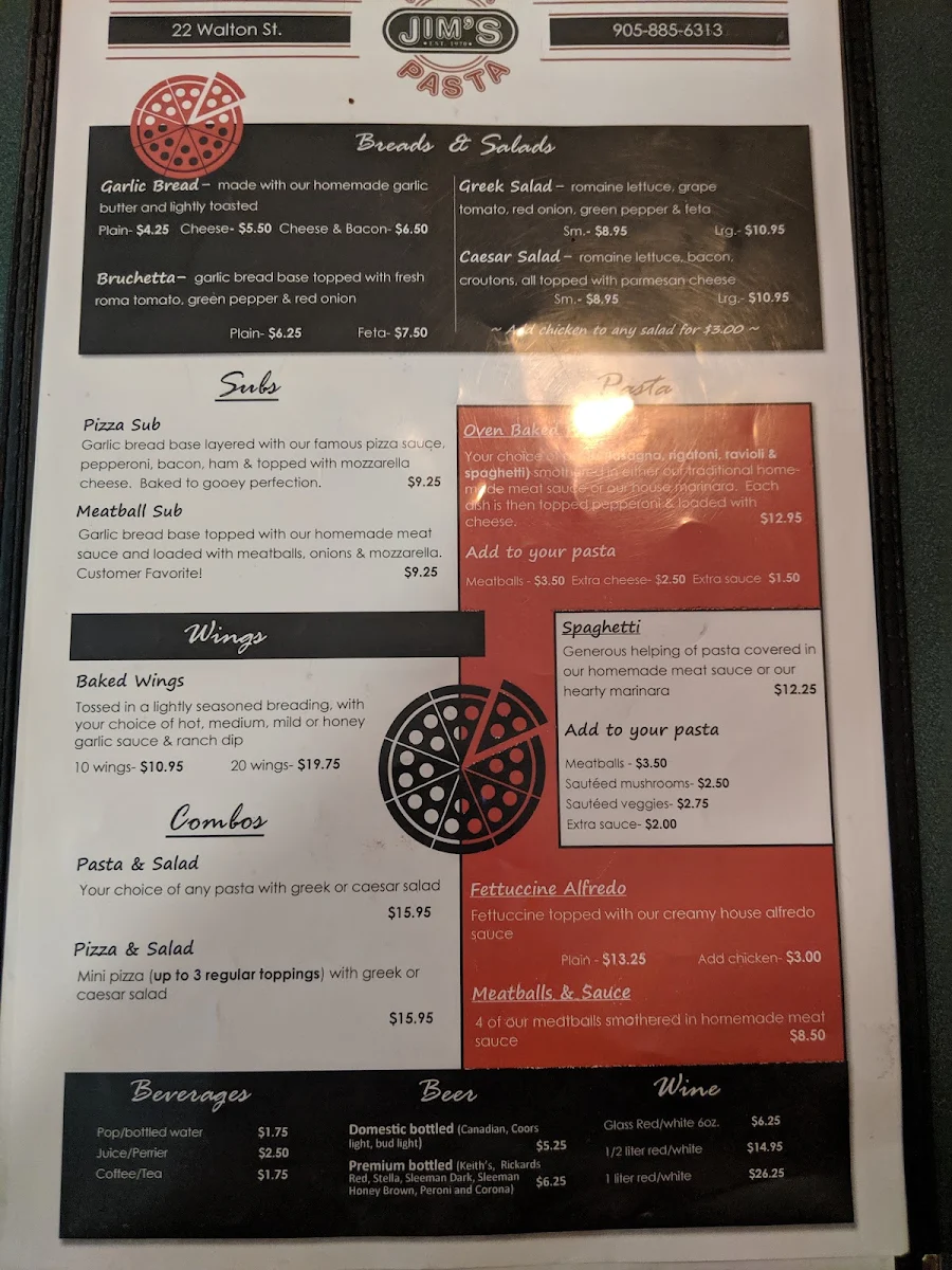 Menu, Jim's Pizza & Pasta