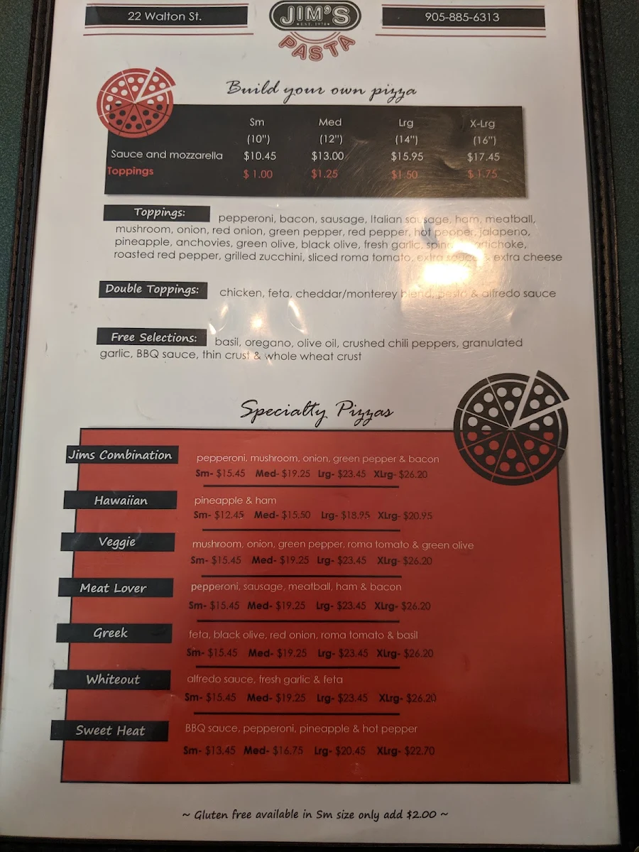 Menu, Jim's Pizza & Pasta