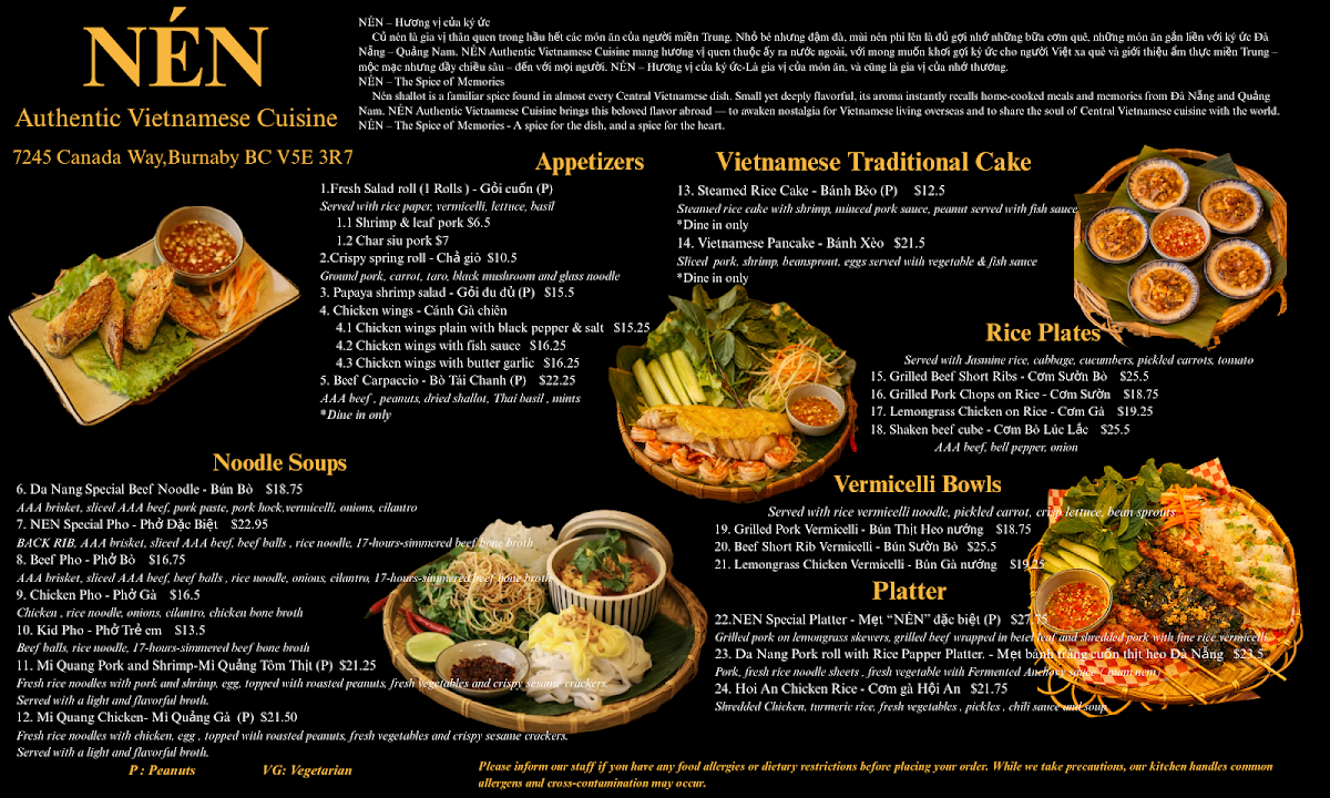 Menu, NÉN - AUTHENTIC VIETNAMESE CUISINE