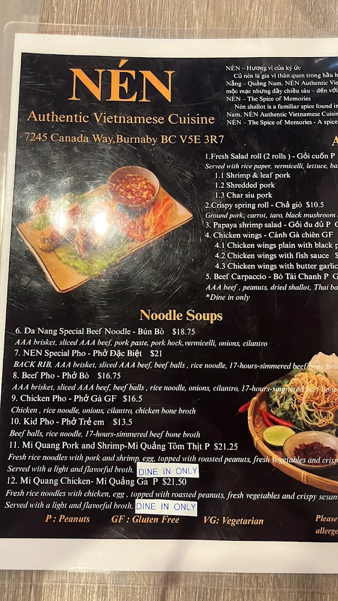 Menu, NÉN - AUTHENTIC VIETNAMESE CUISINE
