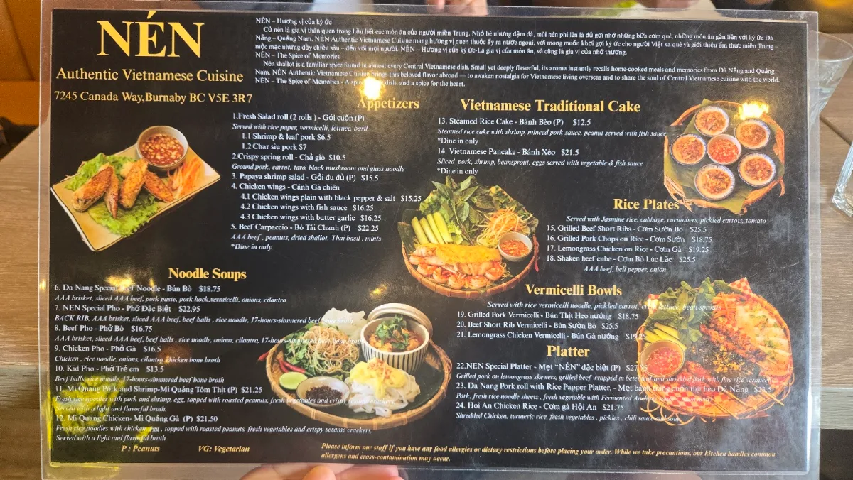 Menu, NÉN - AUTHENTIC VIETNAMESE CUISINE