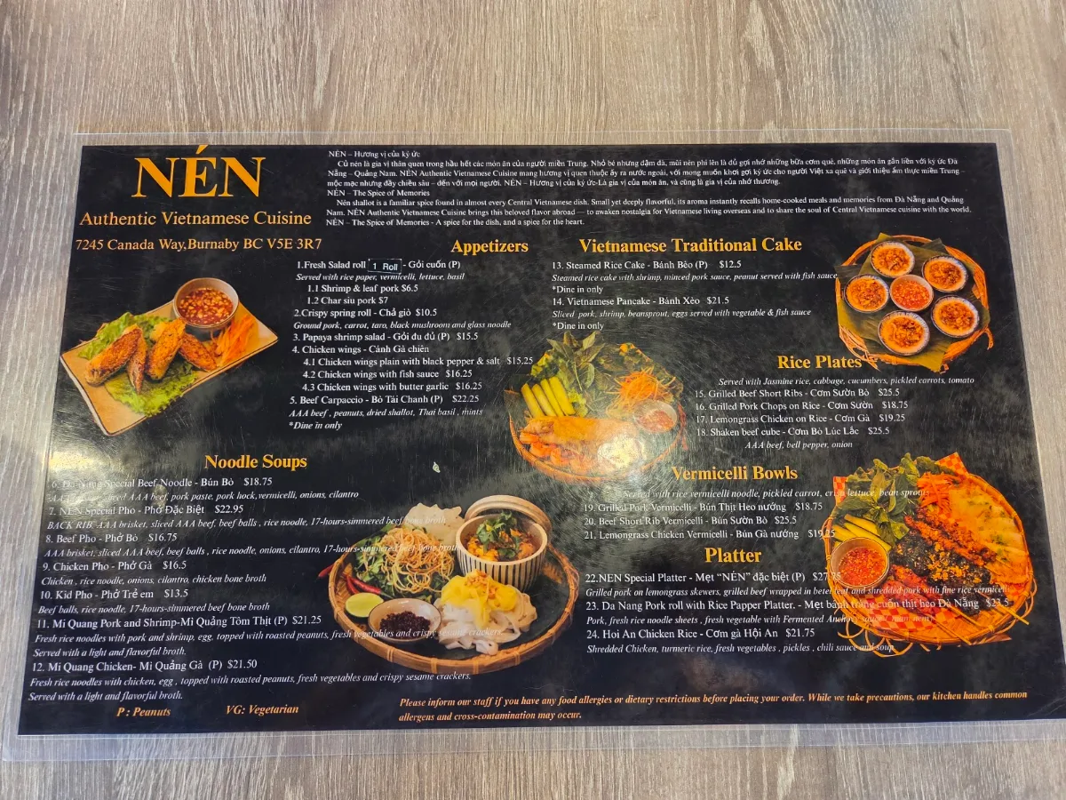 Menu, NÉN - AUTHENTIC VIETNAMESE CUISINE