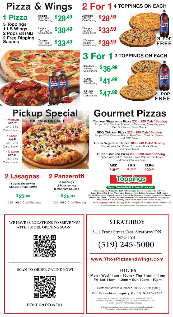 Menu, Tito's Pizza and Wings Strathroy