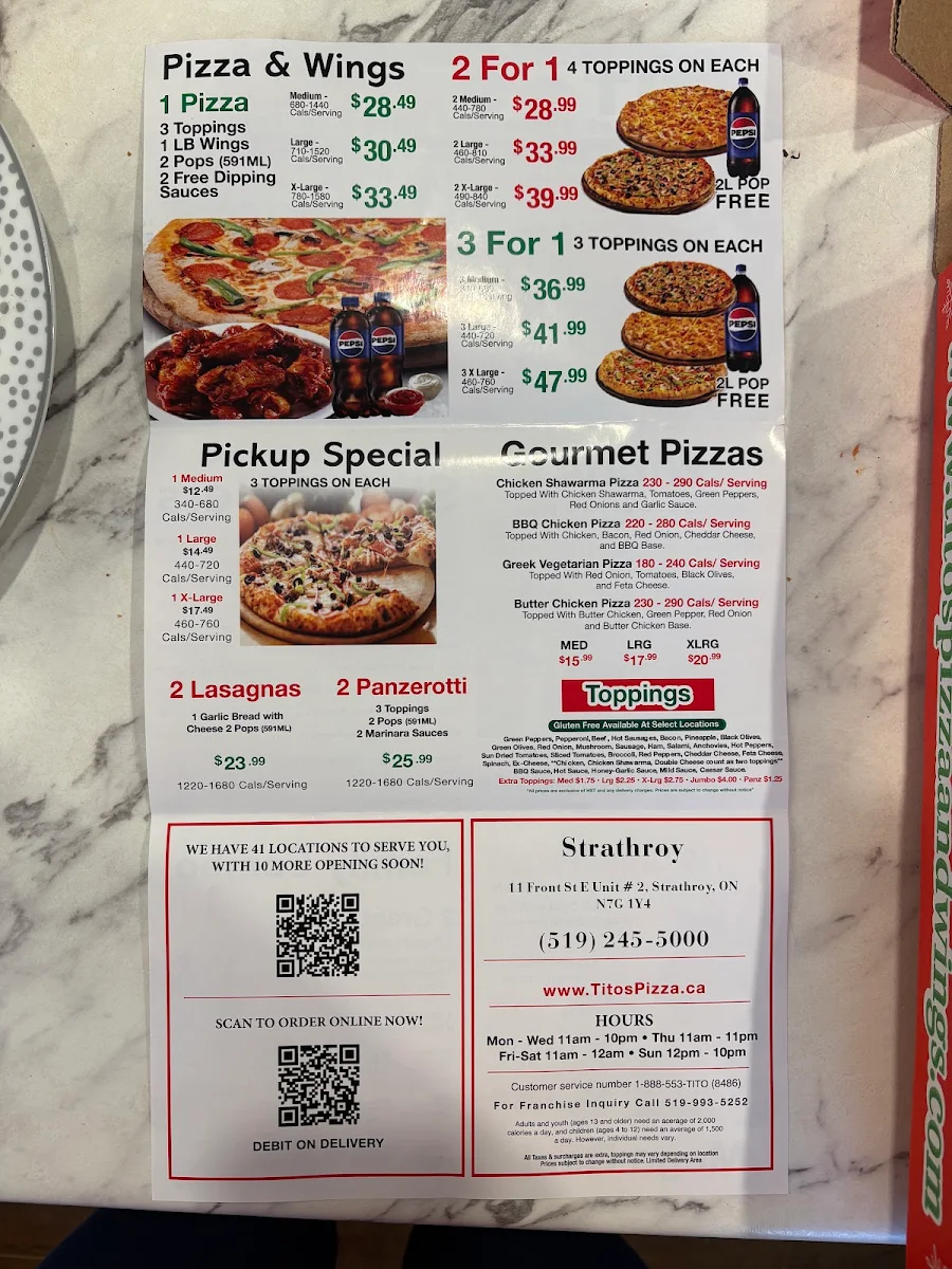 Menu, Tito's Pizza and Wings Strathroy