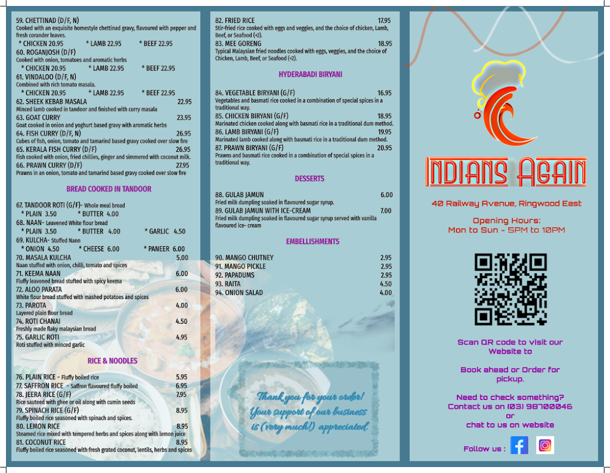 Menu, Indians Again Restaurant
