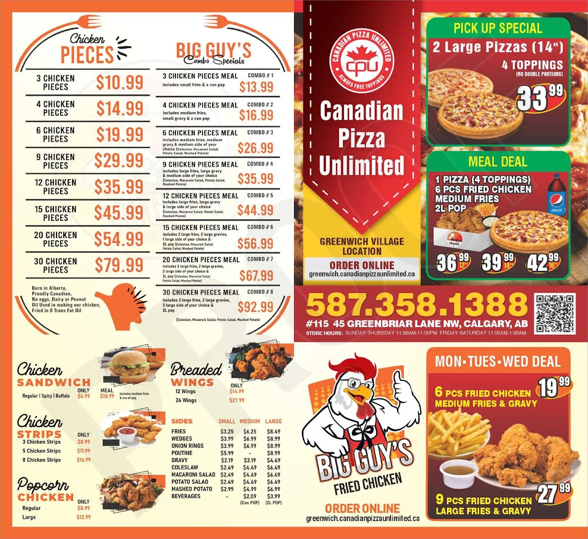 Menu, Canadian Pizza Unlimited & Big Guys Chicken