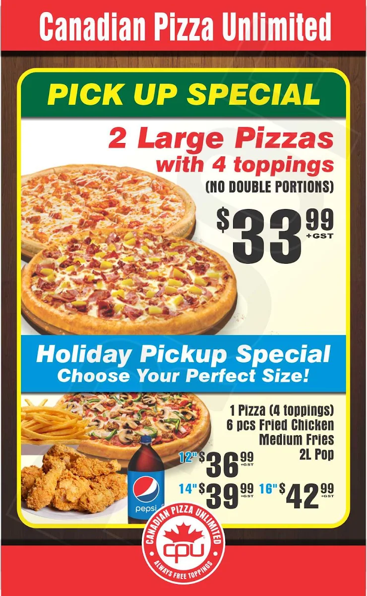 Menu, Canadian Pizza Unlimited & Big Guys Chicken