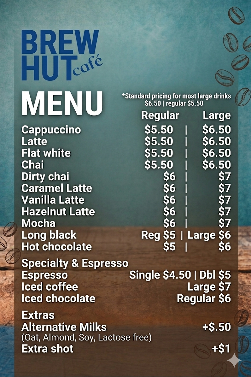 Menu, Brew Hut Cafe