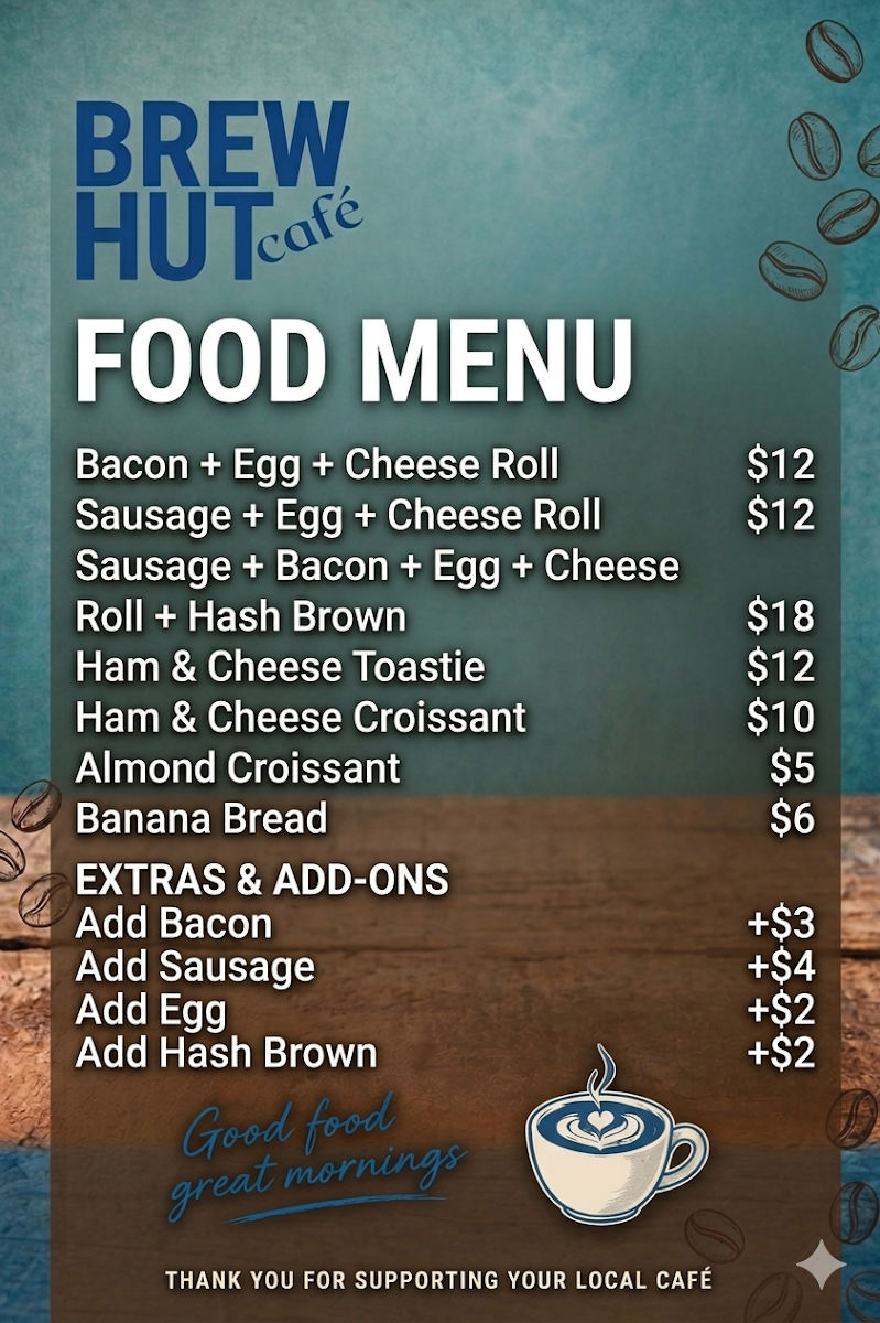 Menu, Brew Hut Cafe