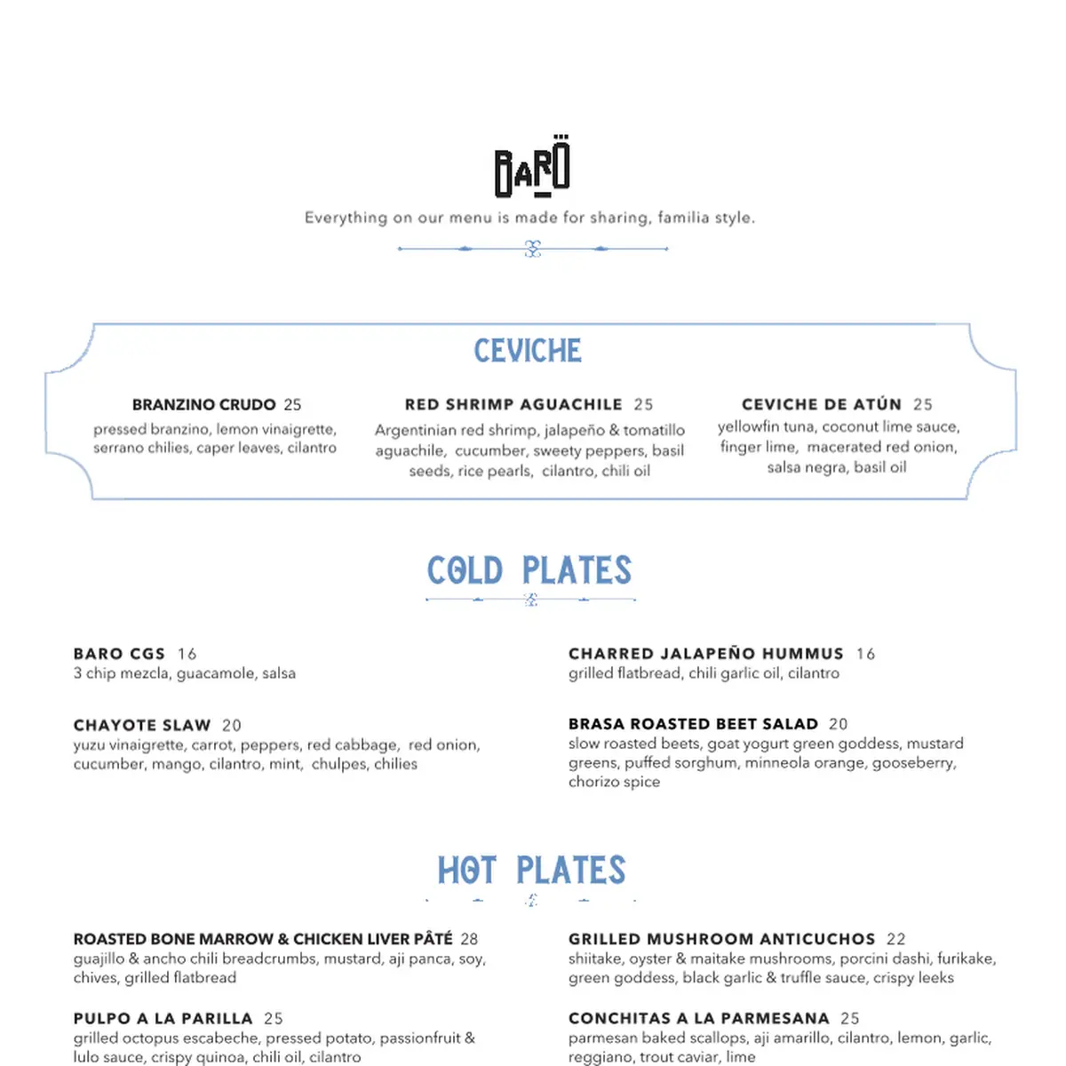 Menu, Baro