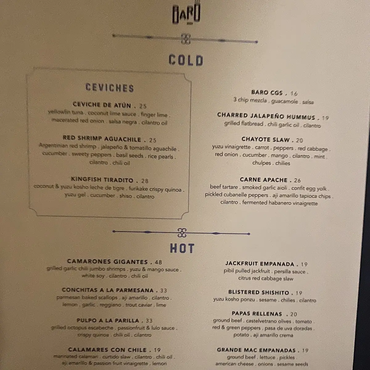 Menu, Baro