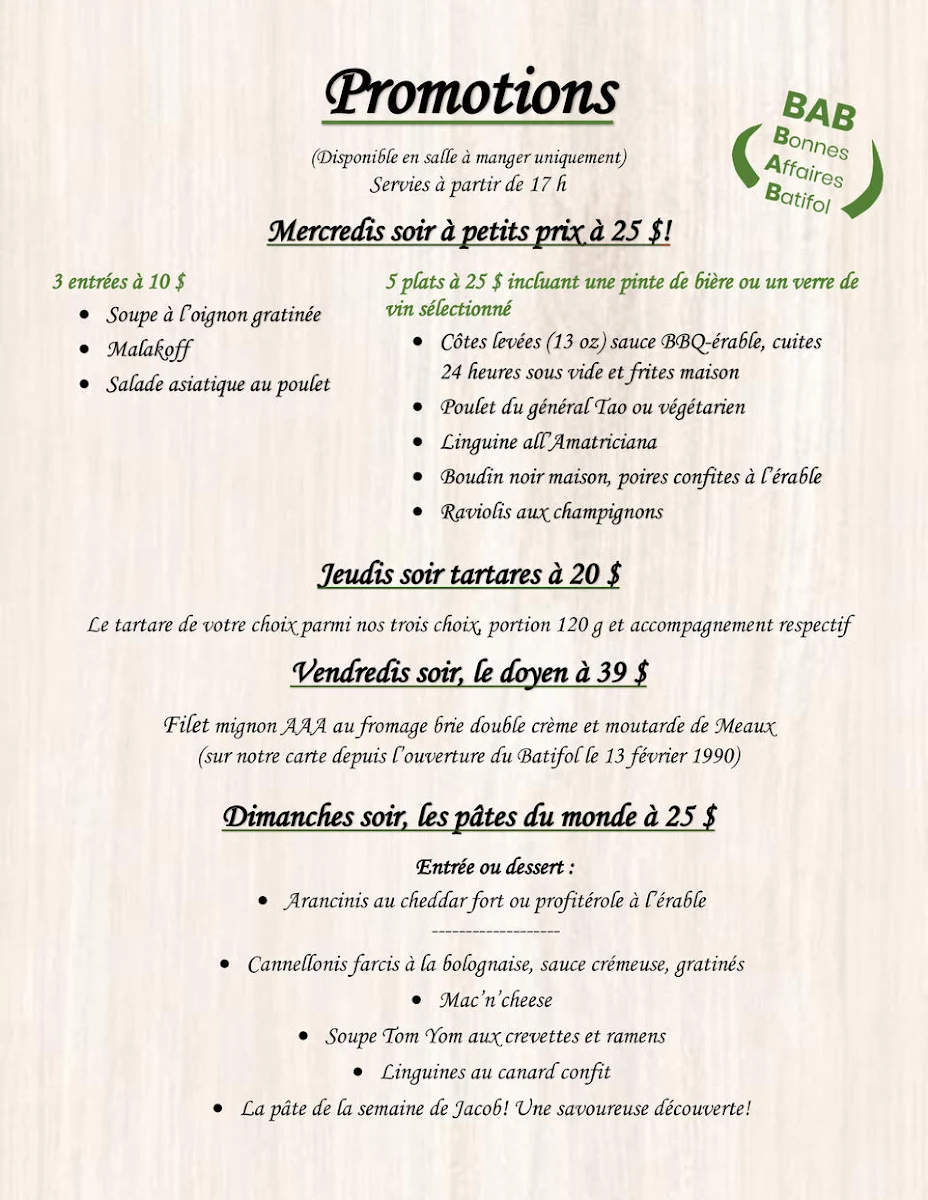 Menu, Restaurant Le Batifol
