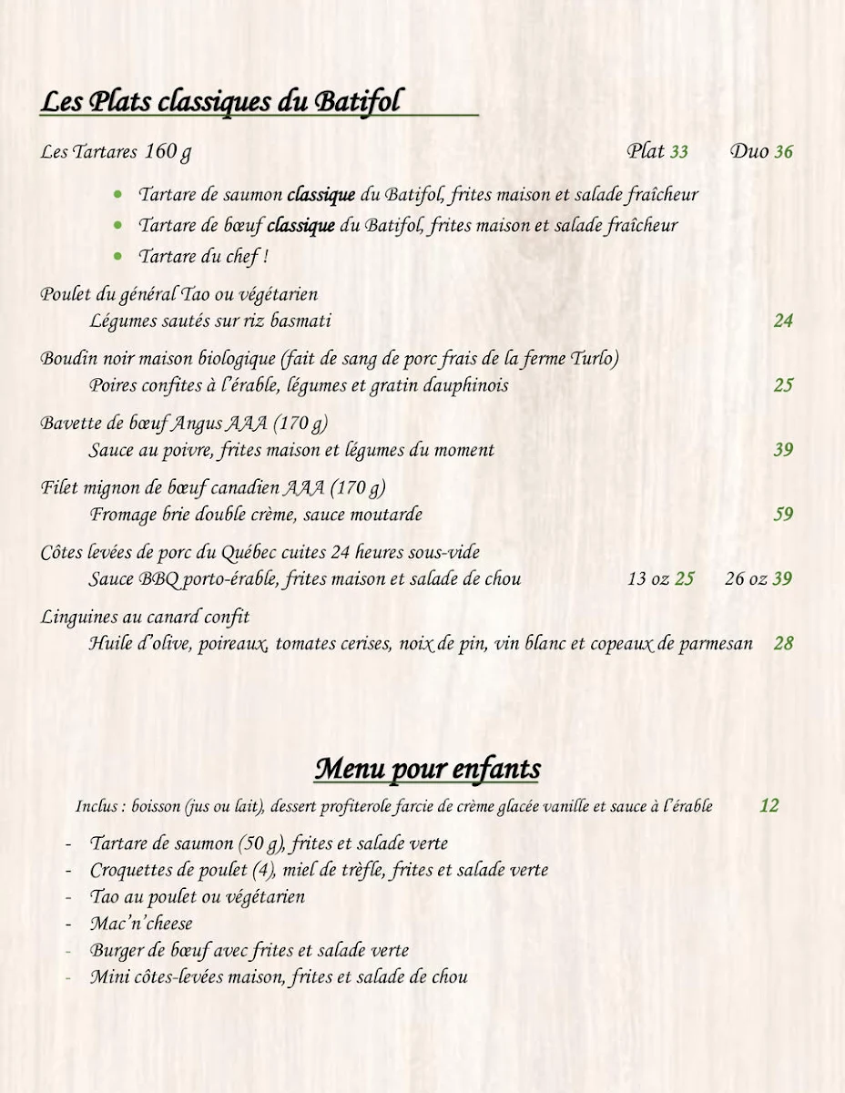 Menu, Restaurant Le Batifol