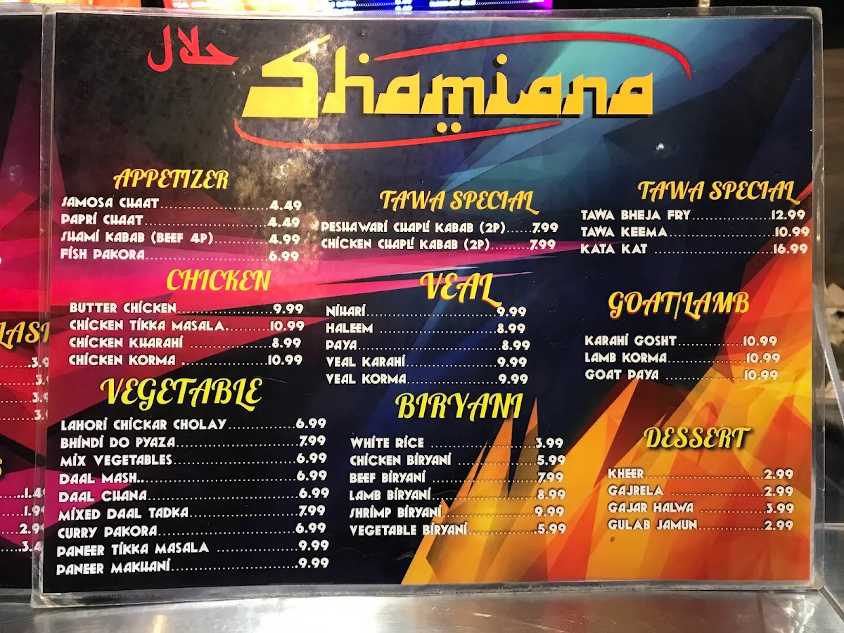 Menu, DESI SHAMIANA RESTAURANT