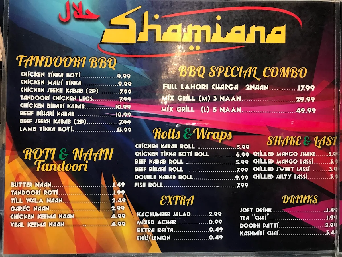 Menu, DESI SHAMIANA RESTAURANT