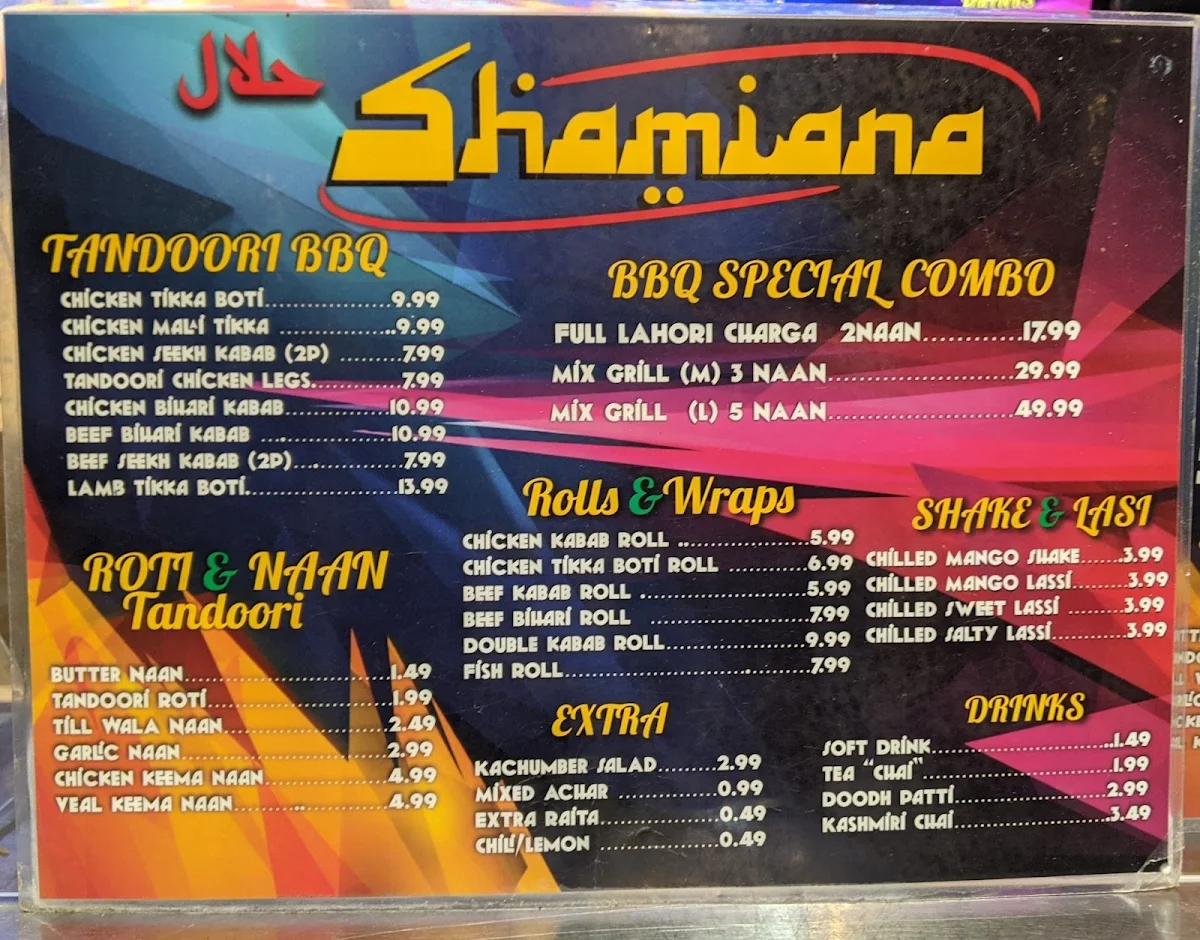 Menu, DESI SHAMIANA RESTAURANT