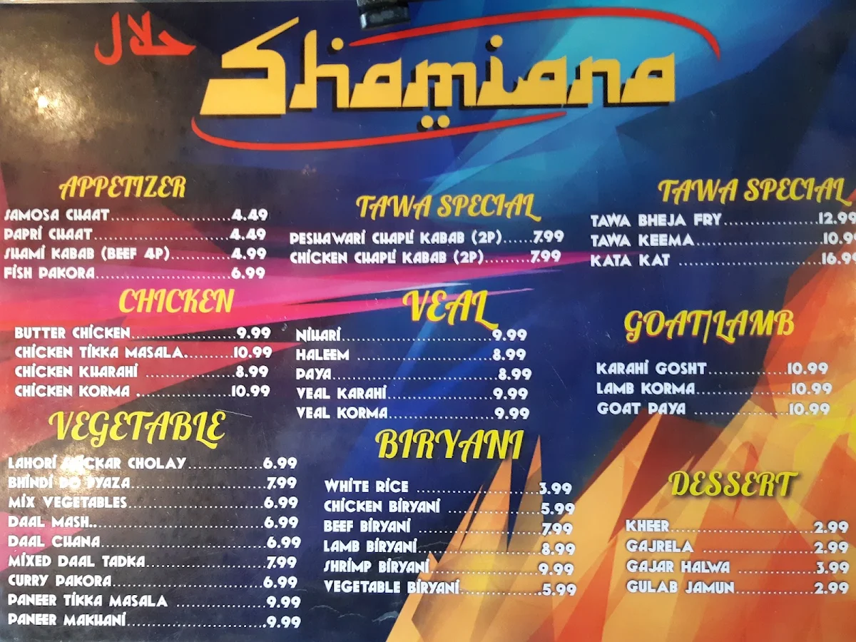 Menu, DESI SHAMIANA RESTAURANT