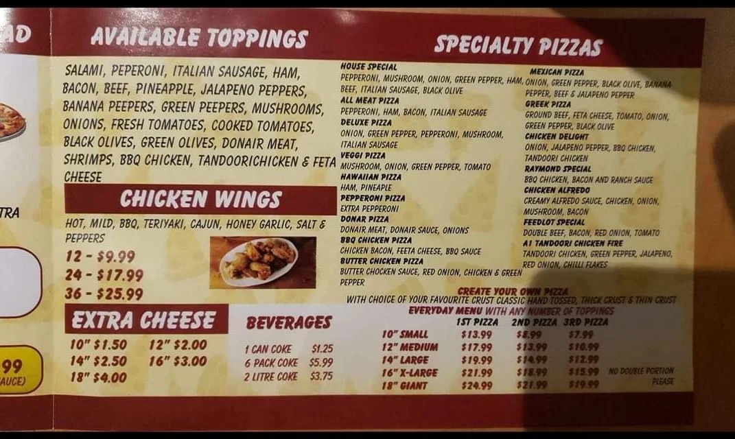 Menu, A-1 Pizza