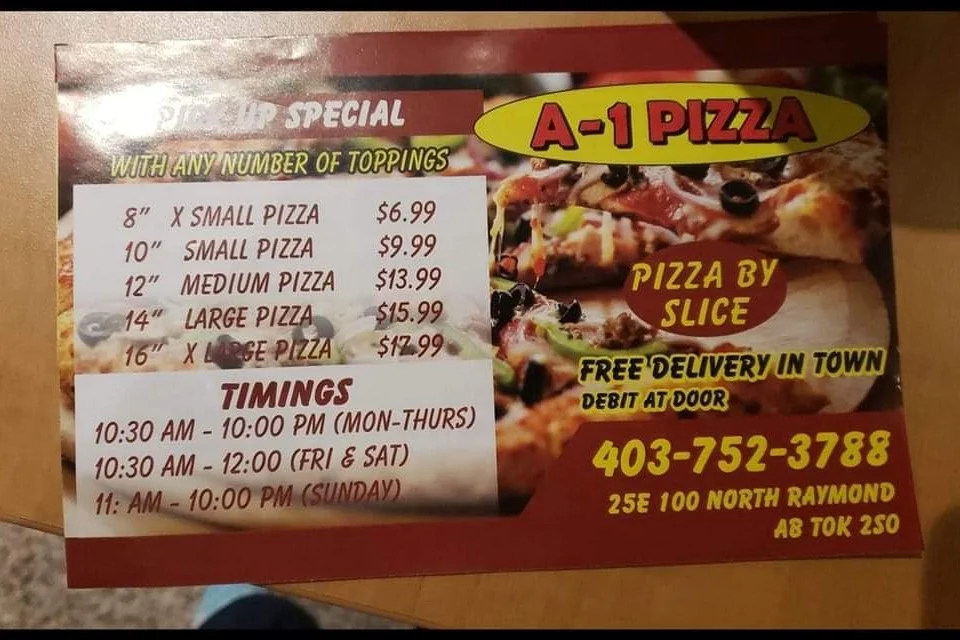 Menu, A-1 Pizza