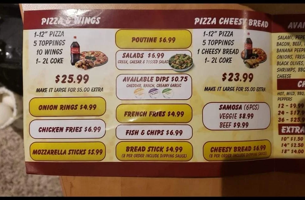 Menu, A-1 Pizza