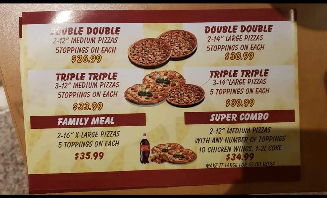 Menu, A-1 Pizza