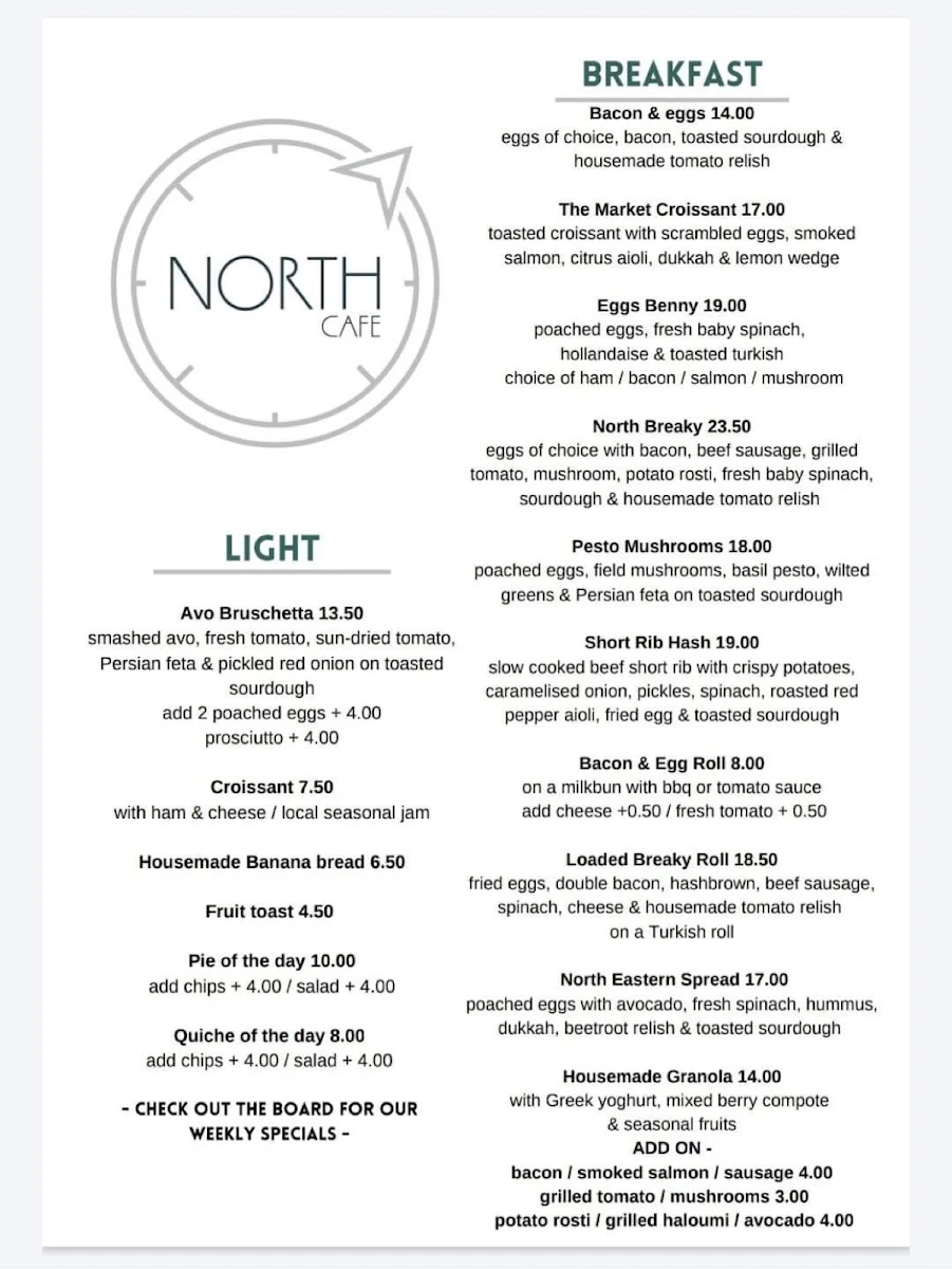 Menu, North Cafe