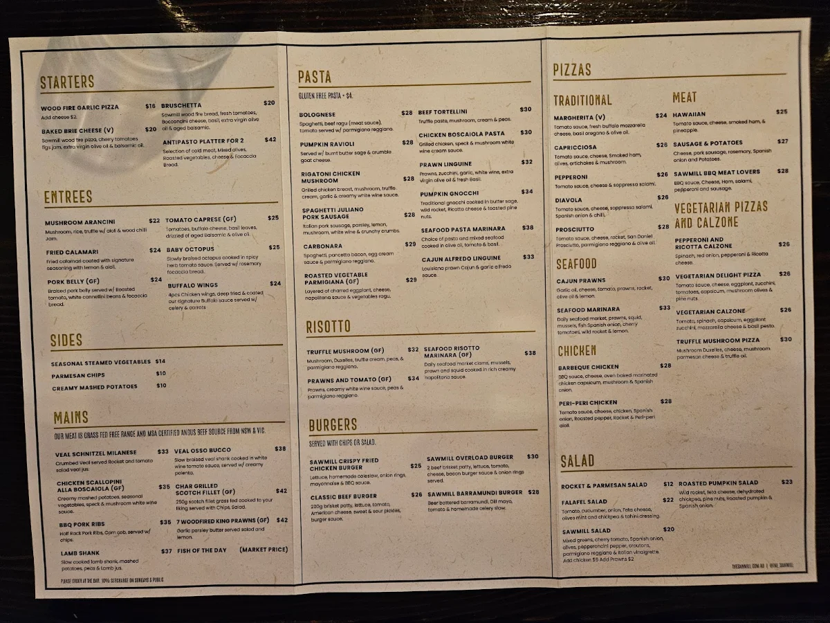 Menu, The Sawmill