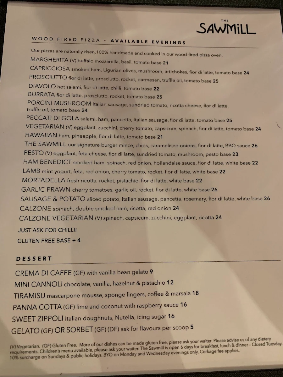 Menu, The Sawmill