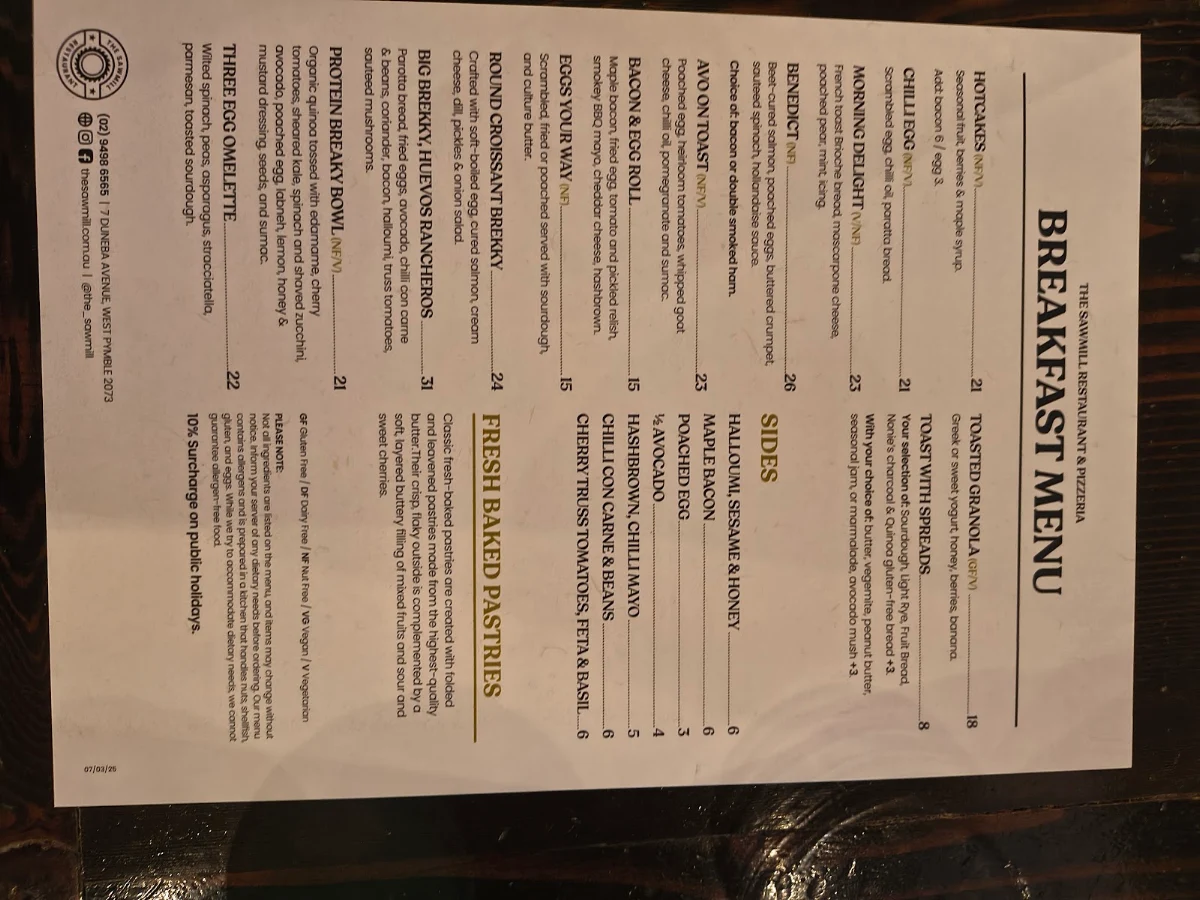 Menu, The Sawmill