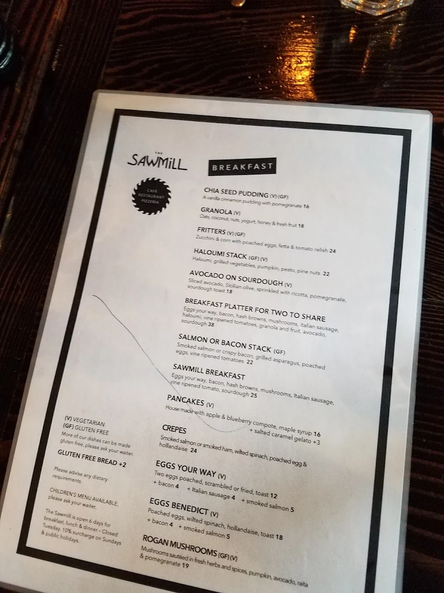 Menu, The Sawmill