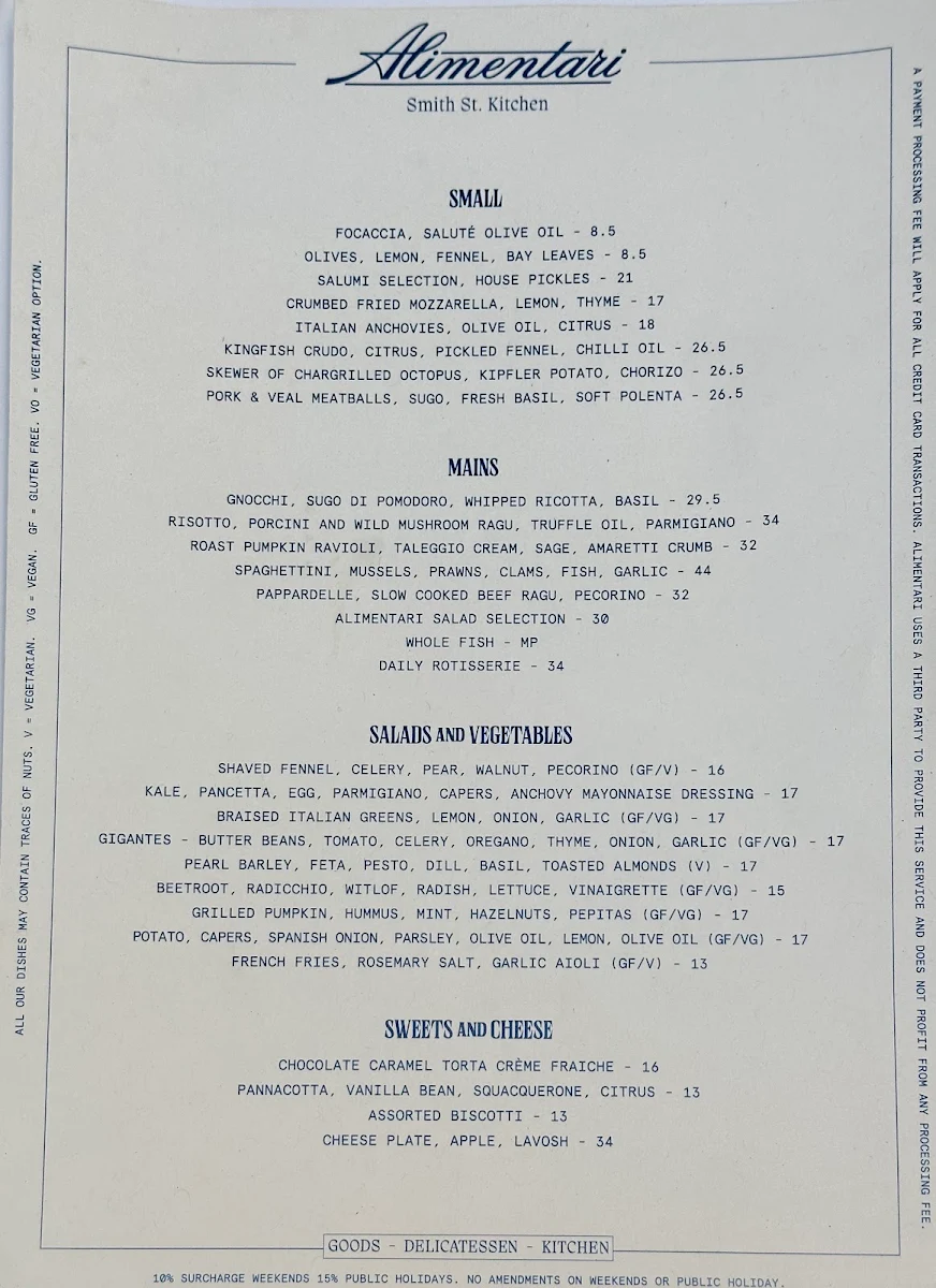 Menu, Alimentari Smith Street