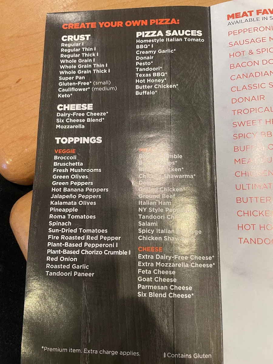 Menu, Pizza Pizza