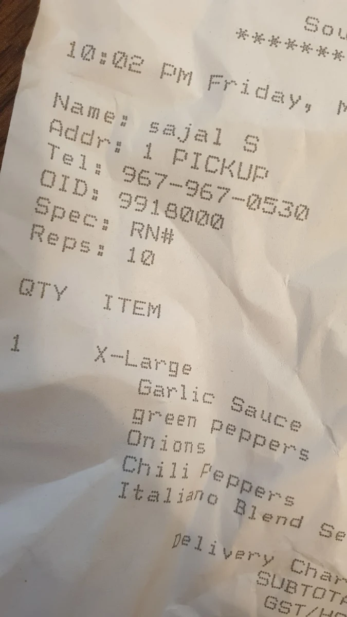Menu, Pizza Pizza