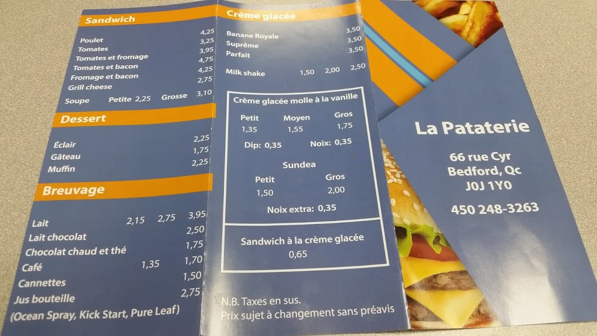 Menu, Restaurant La Pataterie