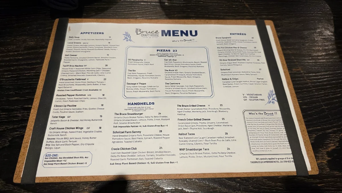 Menu, The Bruce Craft House