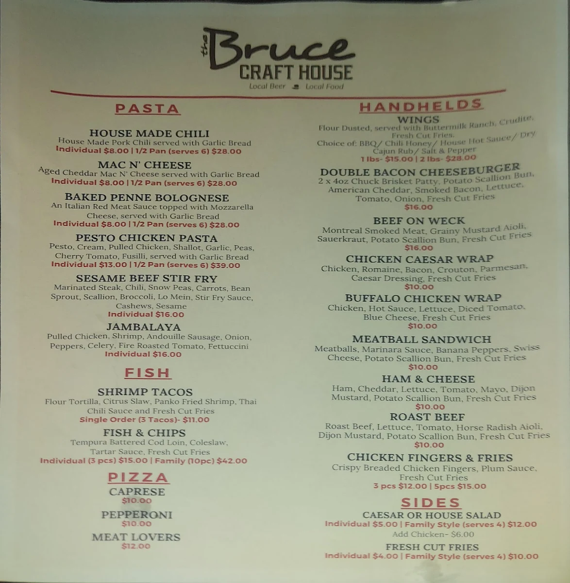 Menu, The Bruce Craft House