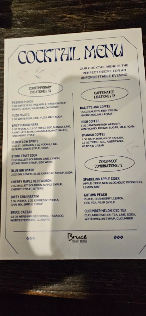 Menu, The Bruce Craft House