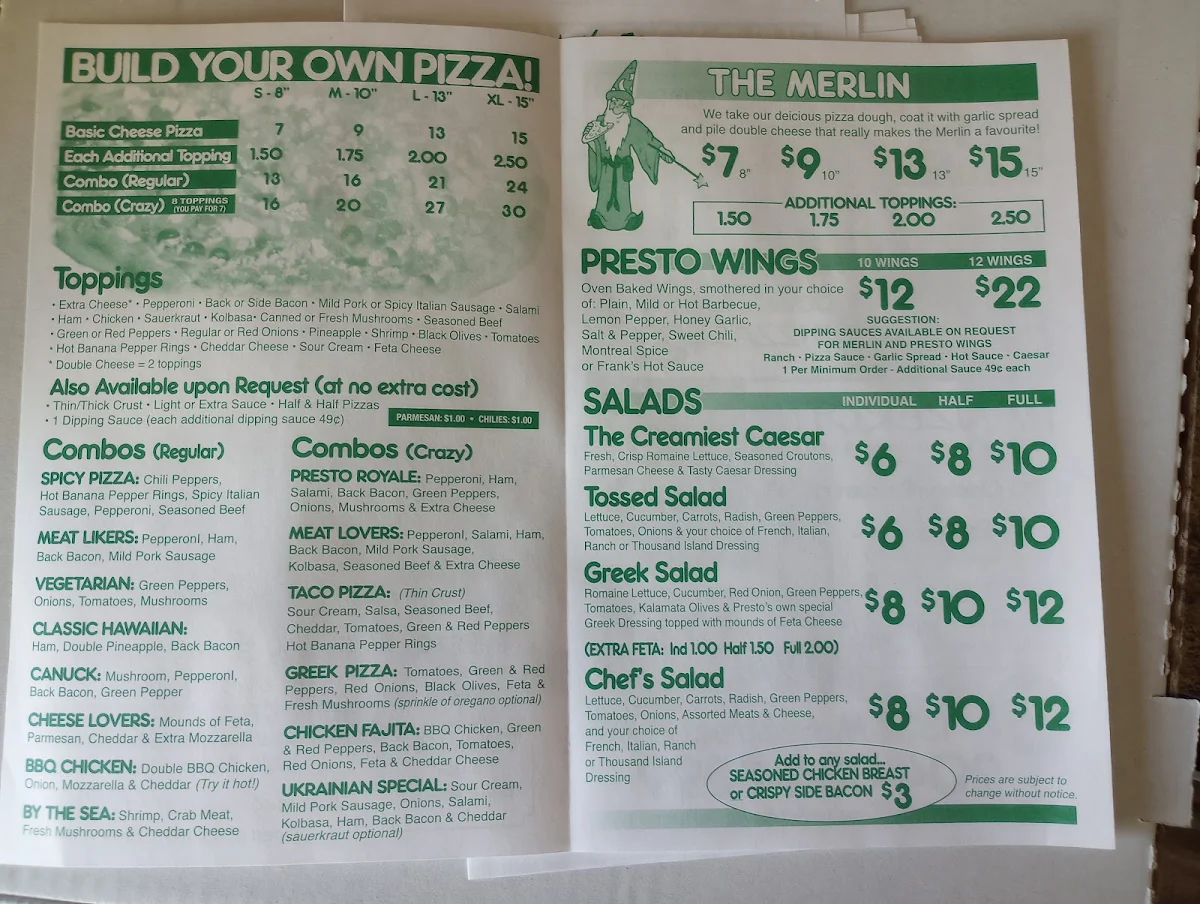Menu, Presto Pizza