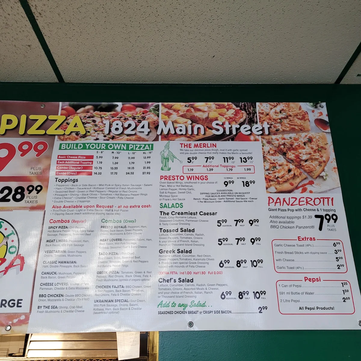 Menu, Presto Pizza