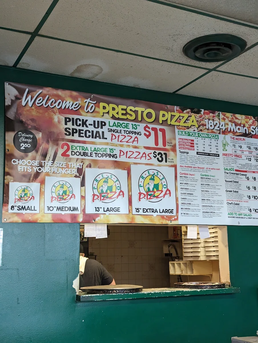 Menu, Presto Pizza
